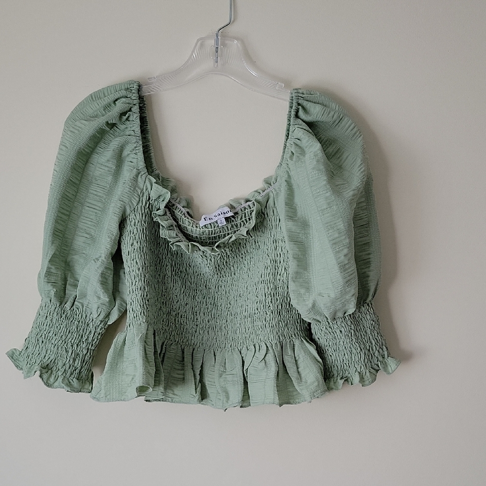 En Saison Women's Smocked Puff Sleeve Green Blouse- Size S